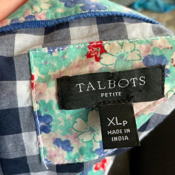Talbots Navy Blue White Plaid 100% Cotton Button Down Floral Trim XL Petites - Picture 3 of 4